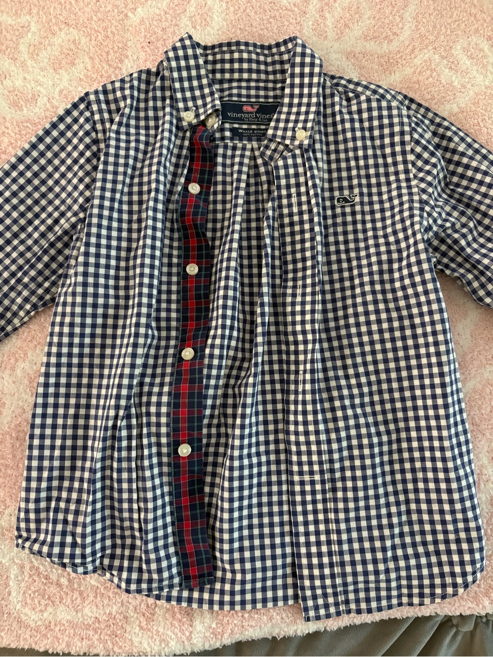 Vineyard Vines Boys Navy and White Gingham Button-Down Shirt with Plaid Placket
